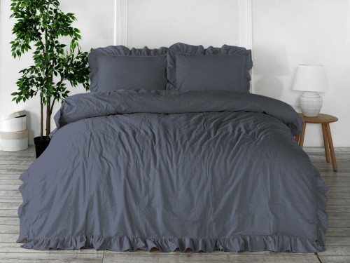 Pościel ciemnoszara Natural Grey 160x200 z falbanami