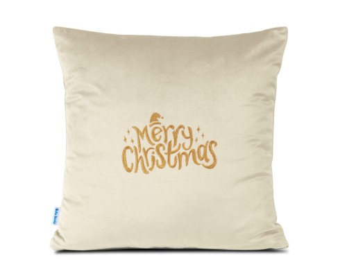 Haftowana poduszka 40x40 Merry Christmas z czapką Mikołaja kremowa świąteczna