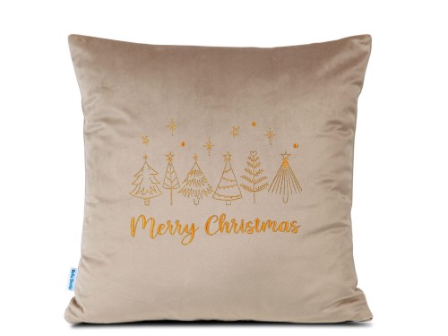 Haftowana poduszka 40x40 Choinki z napisem Merry Christmas beżowa świąteczna