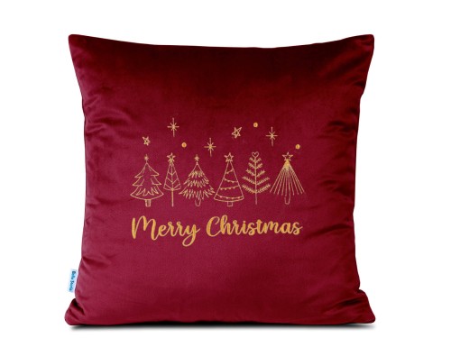 Haftowana poduszka 40x40 Choinki z napisem Merry Christmas bordowa świąteczna