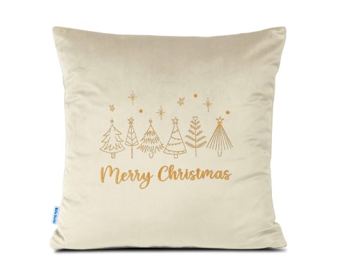 Haftowana poduszka 40x40 Choinki z napisem Merry Christmas kremowa świąteczna