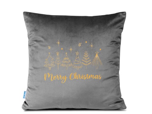 Haftowana poduszka 40x40 Choinki z napisem Merry Christmas szara świąteczna