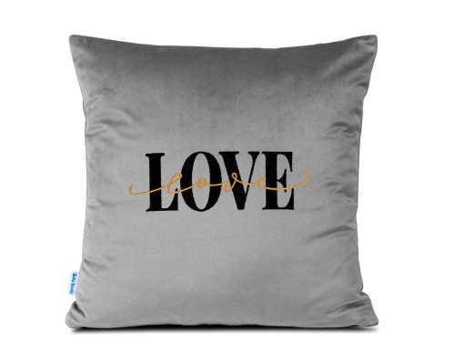 haftowana poduszka na walentynki, poduszka z napisem love szara