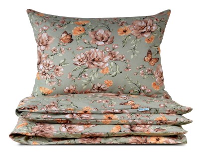 Pościel 160x200 bawełniana Królowa Magnolia na zieleni z torbą