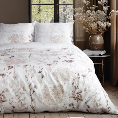 Pościel 220x200 satyna Ortimina biała w beżowe kwiaty Darymex