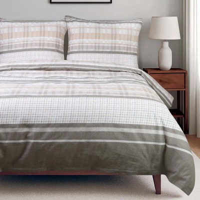 Pościel 140x200 z bawełny Viletta (89) beżowo-szara w kratę i pasy Darymex