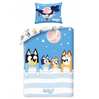 Pościel 140x200 Bingo i Bluey w łóżku niebieska bawełniana