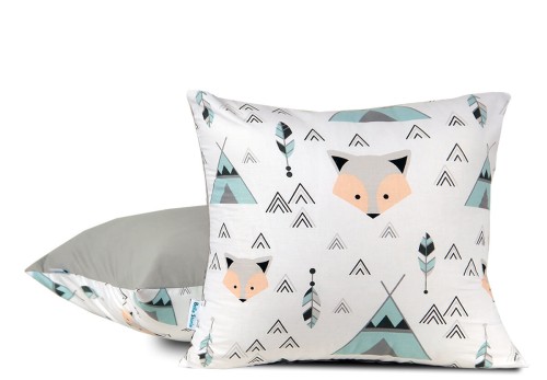 poszewka w liski w namiocie tipi dziecięca bawełniana 45x45 miętowa, szara dwustronna , do pokoju dziecięcego