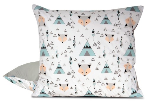 poszewka w liski w namiocie tipi dziecięca bawełniana 70x80  miętowo-szara,  do pokoju dziecięcego, dwustronna, pościel bawełniana dla dzieci, polski producent, wysoka jakość