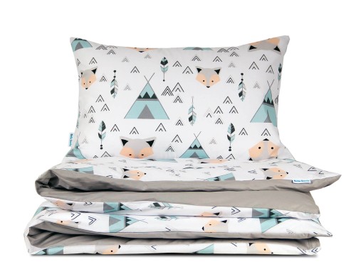 pościel w liski w namiocie tipi , dziecięca w rozmiarze 100x130 miętowo-szara,  bawełniana do pokoju dziecięcego, dwustronna, polski producent, wysoka jakość