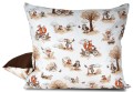 poszewka bawełniana w rozmiarze 70x80 dwustronna, w kolorach jesieni, w liski na rowerze, brązowo-kremowa, polski producent, jesienny wzór