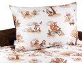 pościel dziecięca  bawełniana w rozmiarze 100x135  dwustronna, w kolorach jesieni, w liski na rowerze, brązowo-kremowa, polski producent, jesienny wzór