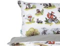 pościel dziecięca  bawełniana w rozmiarze 100x135  dwustronna, w kolorach szarości i zieleni w liski na rowerze,  polski producent