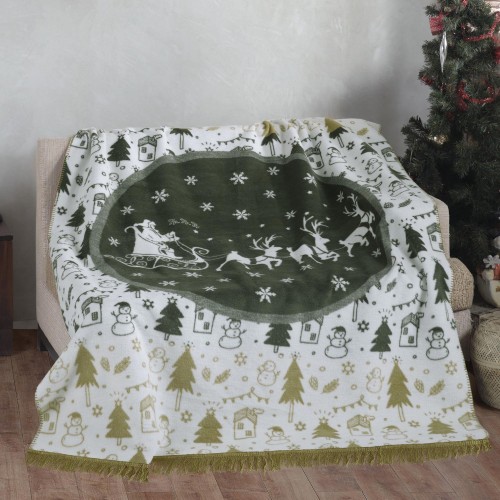 Koc 150x200 bawełniany zielono-biały w zimowy wzór Santa Forest Darymex