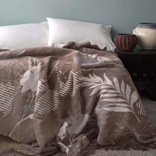 Koc 150x200 bawełniany beżowo-brązowy z motywem liści Natural Leaf Darymex