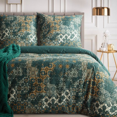 Pościel 160x200 Spring 69 zielona z geometrycznym wzorem dwustronna satynowa Eurofirany