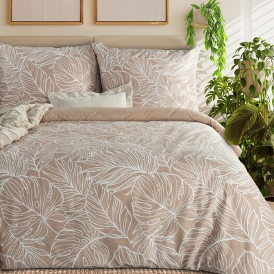 Pościel 220x200 Spring 81 jasnobrązowa w białe liście monstery satynowa Eurofirany