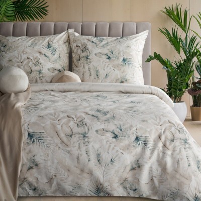 Pościel 160x200 Spring 82 beżowo-turkusowa w liście satynowa Eurofirany