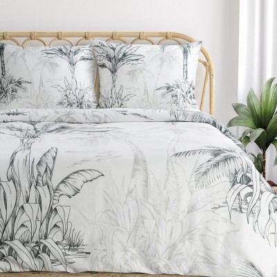 Pościel 140x200 Spring 104 biała w ozdobne trawy grafitowe satyna Eurofirany