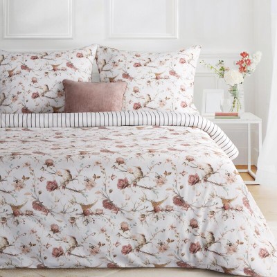 Pościel 160x200 Raya 2 biała w ogród botaniczny i stalowe paski satynowa Eurofirany