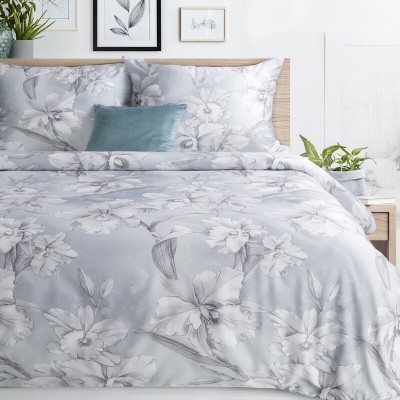 Pościel 220x200 Spain Premium 30 z makosatyny jasnoszara kwiaty akwarelowe Eurofirany