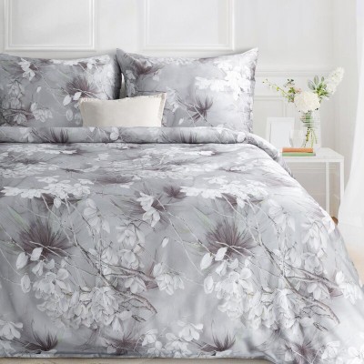 Pościel 160x200 Spain Premium 31 z makosatyny jasnopopielata srebrzyste kwiaty Eurofirany