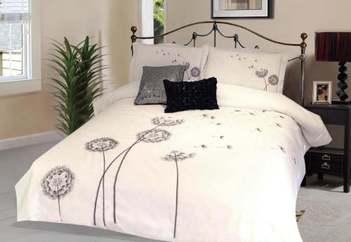 Pościel Moricone haftowana z rysunkiem rozdmuchanych dmuchawców czarnych na białej pościeli